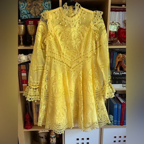 Vintage Dresses & Skirts - Vintage Bright Yellow Lace Long-Sleeve Fit-and-Flare Dress